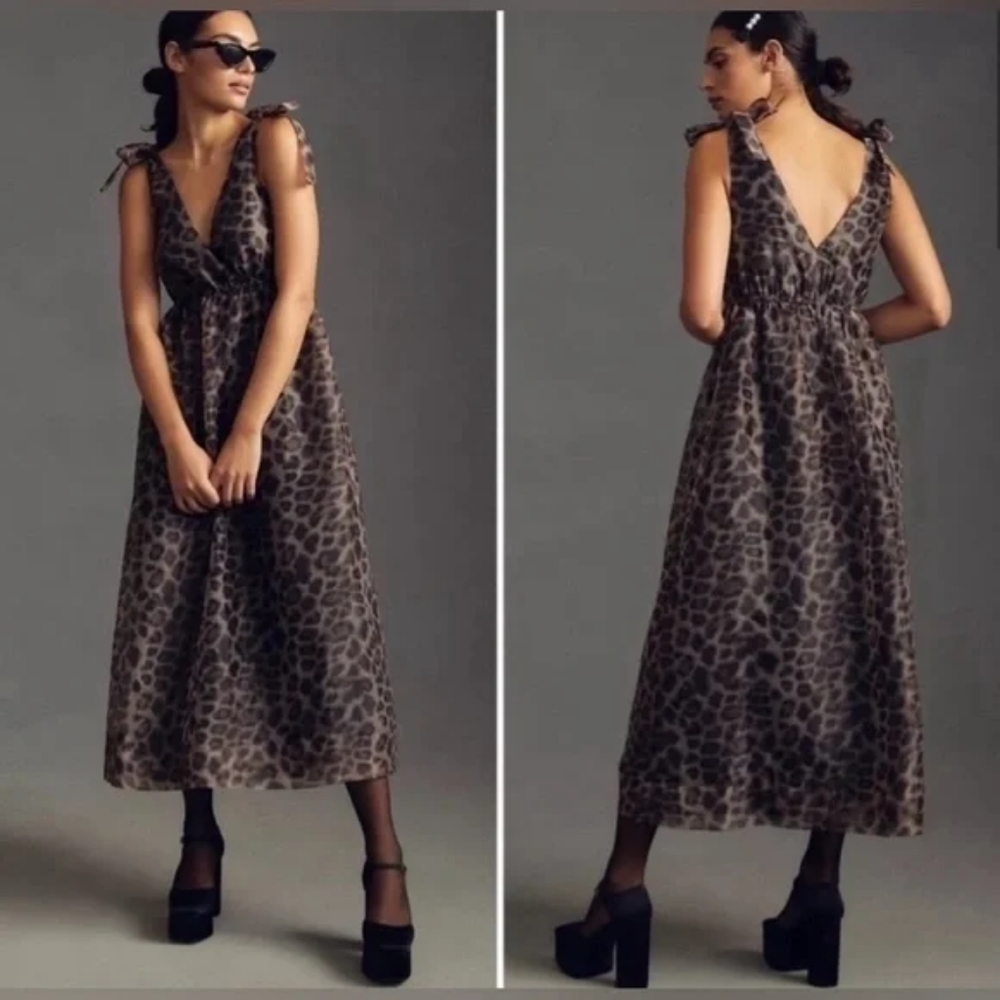 Antropologie Daniel Rainn Black Briwn  Animal Print Sleeveless V-Neck Dress XS